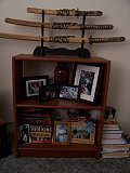 A bookshelf in the bedroom. 
